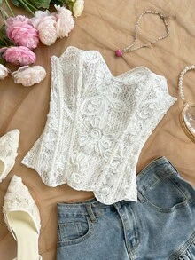 Soleia 女士花卉纹理优雅塑形抹胸上衣 - 白色 - 查看 4