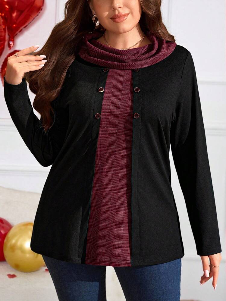 Plus Size Women Casual Plaid Patchwork 2 In 1 T-Shirt Top, , Long Sleeve Black Top, ,New Year,Thanksgiving,Comfortable And Breathable,Spring/Summer/Vacation