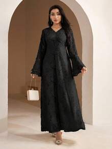 Veilorie Women's Elegant Solid Color Flare Sleeve Dress, Autumn Long Dress With Sleeves - Black - View 4