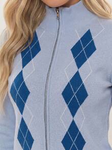MUSERA 修身拉链高领菱格纹针织长袖开衫，舒适休闲日常套头衫，适合秋季、冬季、春季和复活节穿着。 - 淺藍色 - 查看 6