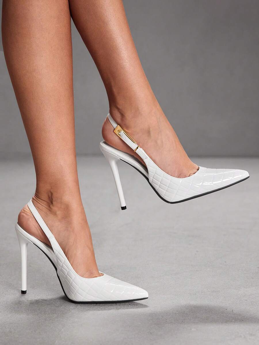 CUCCOO SZL 女士尖头细高跟黑色时尚性感晚宴派对高跟鞋，带踝带 - 石頭紋7639白 - 查看 1