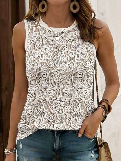 Women's Floral Print Round Neck Casual Tank Top, Comfortable For Daily Wear In Summer