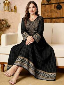 SHEIN Najma 大码女式复古大马士革图案数码印花V领长袖优雅阿拉伯风格长款连衣裙，春季