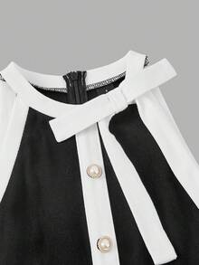 SHEIN MOD 女士优雅无袖连体裤，撞色滚边和打结细节，情人节，女士情人节服装，狂欢节，商务休闲女装，返校季，女士衬衫，复古富贵风 - 黑與白 - 查看 4