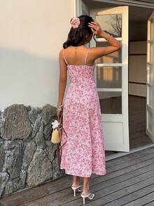 Serisse Women's Casual Ditsy Floral Sleeveless Midi Dress For Vacation,French Floral Slit Camisole Dress,Drawstring Milkmaid Dress,Floral Dresses For Women,Mid-Length Lightweight Flowy Vacation Style New Summer Collection,Red Dresses For Women,Summer Holiday Outfits,Summer Dresses For Women,Vacation Outfits For Women, Boho Dress, Beach Vacation Outfits For Women ,Summer Dress - Red and White - View 2