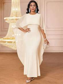 SHEIN Lady Vestido elegante de mujer con diseño de capa de cuello redondo y bajo de sirena de unicolor - Albaricoque - Ver 6
