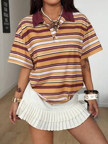 Coolane Women's 90s Retro Yellow Summer Chic Striped Oversized Lapel Short Sleeve Tees,Back-To-School School Casual Sportswear Renaissance Fair Khaki Brown - Yellow - View 1