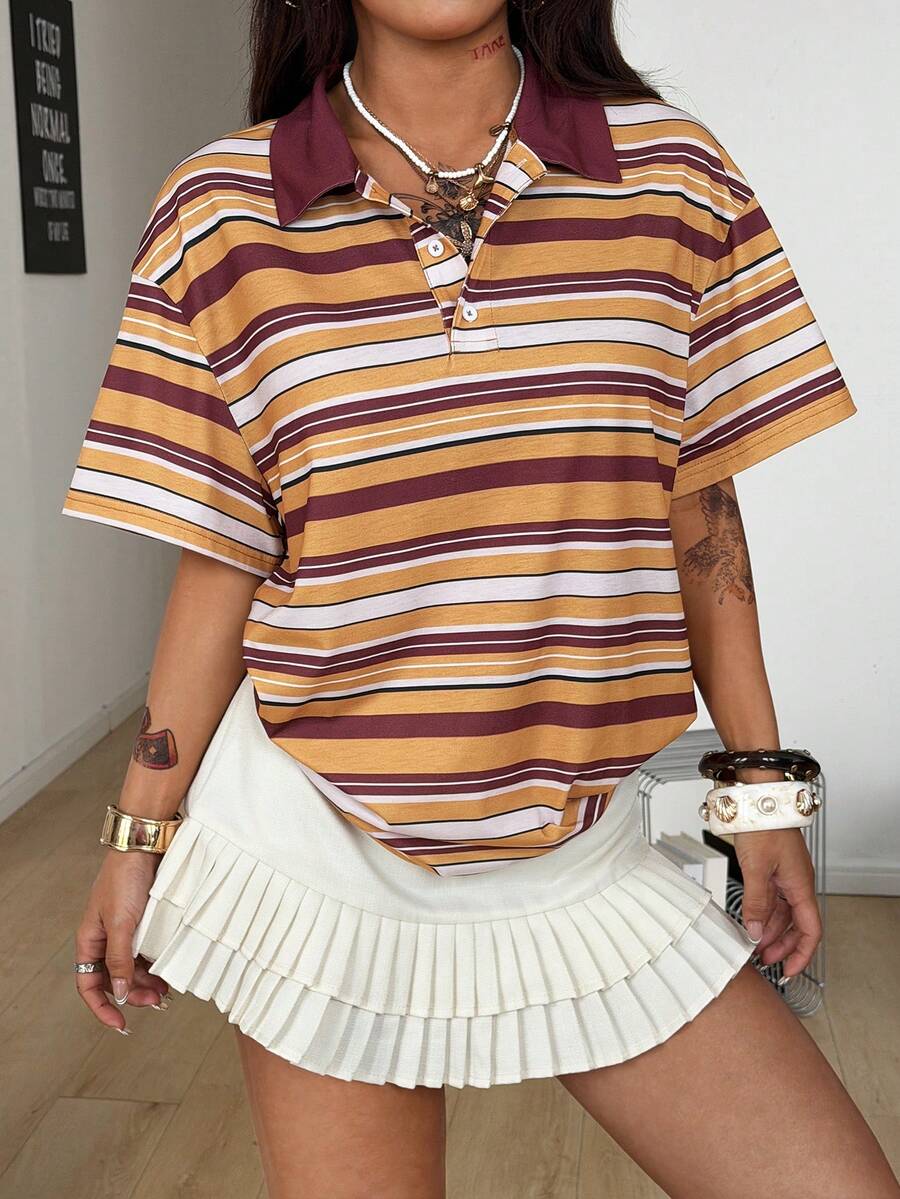 Coolane Women's 90s Retro Yellow Summer Chic Striped Oversized Lapel Short Sleeve Tees,Back-To-School School Casual Sportswear Renaissance Fair Khaki Brown - Yellow - View 1