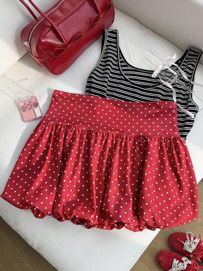 Comfortcana Plus Size Women's Red & White Polka Dot Print Casual A-Line Skirt, Suitable For Valentine's Day And Christmas