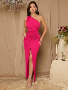 SHEIN Belle 优雅纯色单肩高开衩伴娘礼服 - 玫紅色 - 查看 1