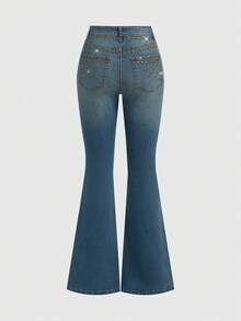 ROMWE Grunge Punk Pantalones acampanados de cintura ultra baja con efecto desgastado estilo retro Y2K para mujer - Azul - Ver 2