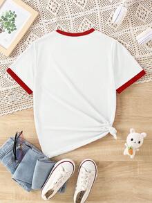 Tween Girl Cute White And Red Heart Striped Graphic Print T-Shirt,Summer School Casual Personalized Fresh Short Sleeve Contrast Color Comfortable Top - Multicolor - View 3
