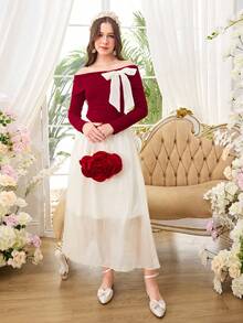 2pcs/Set Spring/Autumn Teen Girls Elegant Ruffled Drop-Shoulder Bowknot Blouse & Shiny Fluffy A-Line Long Skirt Suit, Suitable For Daily, Commute, Casual, Vacation, Party