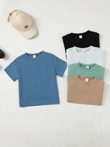 SHEIN Playful Pals 5件/套 男童休闲纯色短袖T恤，适合户外活动 - 彩色 - 查看 3