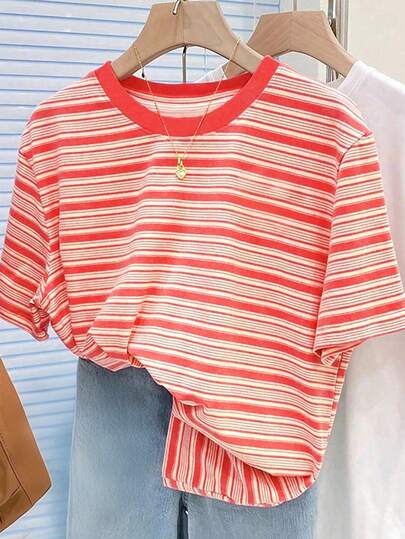 Resyla Vintage Colorful Striped Short Sleeve T-Shirt For Women, Casual Round Neck Top For Summer