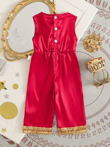 Sparklyn Babymädchen Frühlingsstil Mittlerer Osten Muster Kontrast Farbe Rundhals Jumpsuit, angenehmer Stoff mit Glanz, geeignet für Urlaubsmode - Rot - Übersicht 2