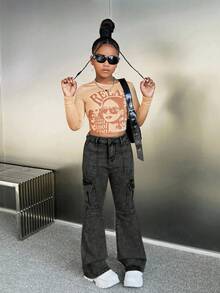 Young Girl' Blue Denim Elastic Skinny Flare Pants - Black - View 4