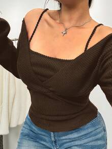 SHEIN EZwear 大码女式保暖舒适黑色露肩针织T恤，秋冬季 - 棕色 - 查看 4