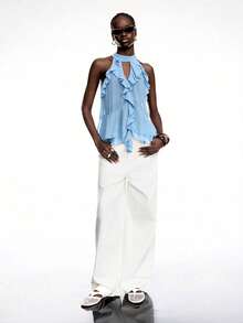 LYSMO Áo kiểu voan xếp ly màu xanh nhạt mới về - Phong cách Bohemian cho mùa hè - Màu xanh nhạt - Xem 6