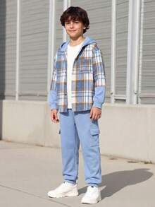 Vacaura 2pcs/Set Boys' Plaid Long Sleeve Hooded Cardigan Top And Loose Cargo Pants Light Blue Outfit,Autumn Casual School Back-To-School Fashionable Outfit - Blue - View 2