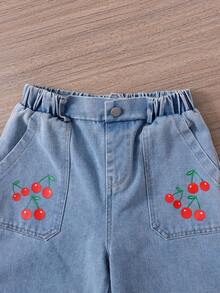Bộ 2 món cho bé gái tuổi teen: Áo polo tay ngắn cổ bẻ màu trắng in hình quả anh đào + Quần jean vải rayon, trang phục thường ngày đi học và đi làm. - Hồng - Xem 5