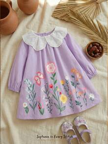Cozy Pixies Baby Girl Embroidered Floral Print Round Collar Puff Sleeve Elegant Dress - Purple - View 9