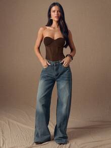 SHEIN BAE Bộ đồ liền thân hở lưng bất đối xứng phối lưới mỏng gợi cảm màu đen, phù hợp cho mùa thu/đông, Giáng sinh, Halloween, Ngày của người chết - Cà phê nâu - Xem 3