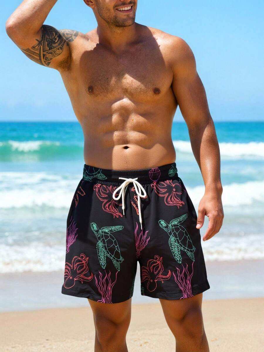 Manfinity VDAYZ 男士休闲沙滩海龟印花短裤 - 黑色 - 查看 1