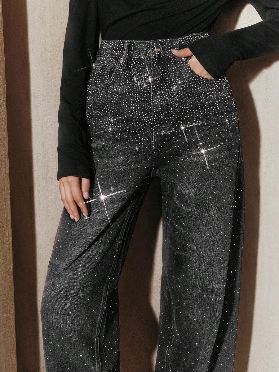 Anewsta 蓝色喇叭裤，适合秋冬、圣诞节、新年，优雅、奢华、别致、休闲 - 黑色 - 查看 1