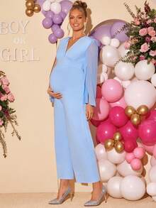 Loomaby 优雅孕妇派对连体裤，V领，开衩袖，收腰设计，七分裤长