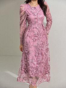 DAZY Abito elegante da donna con paillettes, ricamo e inserti in rete, vita segnata, adatto per primavera/autunno - Rosa - Visualizzare 4