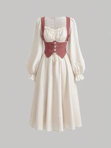 SHEIN Serisse Kids Nova Glow 少女撞色拼接腰部褶皱胸部可调节肩带前褶皱长袖方领中长连衣裙，适合居家和户外活动，秋冬季节，波西米亚风格 - 粉色 - 查看 3