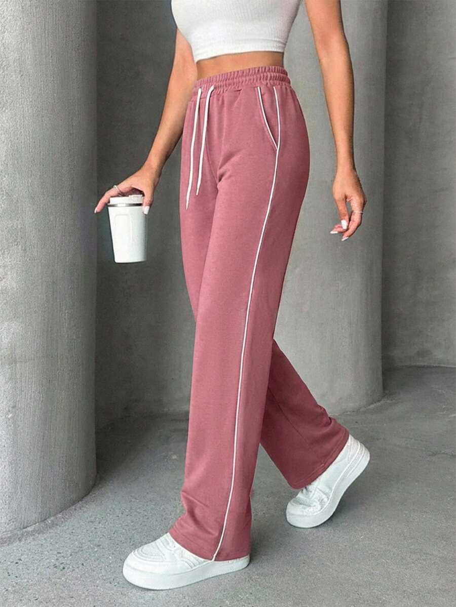 Women's Drawstring Waist Pockets Casual Sweatpants - Dusty Pink - View 1