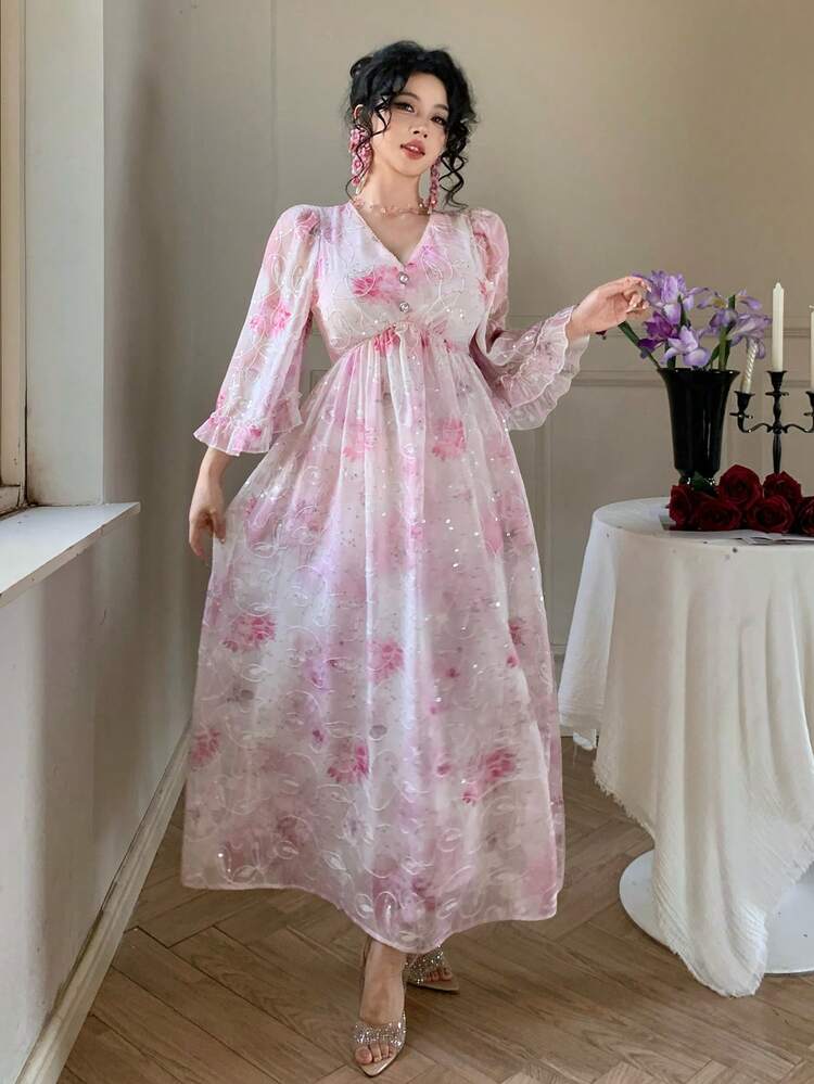 Rhinestone Ditsy Floral Ruffle Hem Fit & Flare Midi Dress, Elegant For New Year, Christmas, Wedding, Party, Fashion Event Spring Sundress