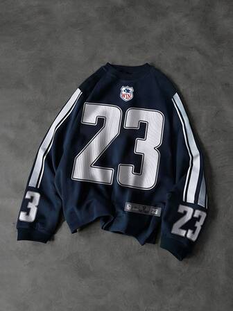 Street Life Felpa girocollo da uomo con stampa a righe a contrasto e numerica, manica lunga