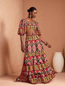 JIAN LASALA All-Over Print Elastic High Waist Layered Ruffled Women Maxi Skirt Holiday Vacation Casual Wear Beach Wedding Guest - Multicolor - View 1