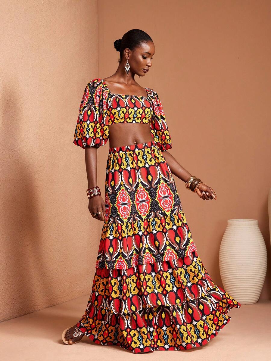 JIAN LASALA All-Over Print Elastic High Waist Layered Ruffled Women Maxi Skirt Holiday Vacation Casual Wear Beach Wedding Guest - Multicolor - View 1