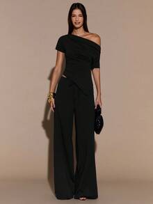 SHEIN BAE 秋冬纯色棕色性感不对称肩短袖上衣和裤子两件套；秋冬保暖内衬针织女装两件套；基础款针织女装不对称肩上衣 - 黑色 - 查看 3