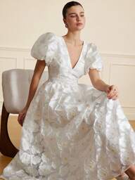 Aveloria Rosie Elegant Vintage Style Women's Deep V-Neck Waist Cinched Detailed Rose Jacquard Puff Sleeve Dress, Suitable For Dates