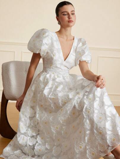 Aveloria Rosie Elegant Vintage Style Women's Deep V-Neck Waist Cinched Detailed Rose Jacquard Puff Sleeve Dress, Suitable For Dates