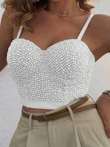 Jeta Ari Elegant And Mature Lady Style Pearl-Studded Tight Bustier Camisole Tank Top - White - View 4