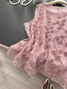 Modelyn 女士优雅背心衬衫套装，饰有甜美的3D玫瑰网纱刺绣，青春大码衬衫搭配舒适的中长裙 - 粉色 - 查看 2