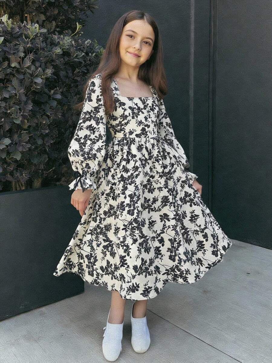 SHEIN Tween Girl Floral Printed Pattern Long Sleeve Dress - Apricot - View 1