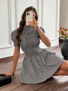 Serisse Rochie scurtă de vară pentru femei, în carouri, cu mâneci bufante - Multicolor - Vizualizare 1