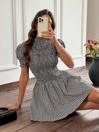 Serisse Women's Summer Fashion Plaid Puff Sleeve Short Dress,Summer  , Spring Outfit Women  , Valentine's Day,Carnival, Beach,Vacation, Casual,Party,Wedding , Elegant