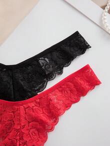 SHEIN 10条装女士蕾丝丁字裤，优雅舒适，黑红组合 - 彩色 - 查看 8
