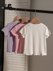 3pcs/Set Young Girl' Ribbed Solid White, Pink, Purple T-Shirts Girls Basic Tops - Multicolor - View 2