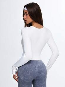 Eassivo Eassivo 女士纯色简约长袖休闲运动T恤 - 黑與白 - 查看 2