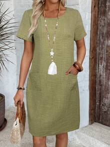EMERY ROSE Women's Casual Linen Blend Round Neck Pocket Mini Dress, Suitable For Spring/Summer - Green - View 1