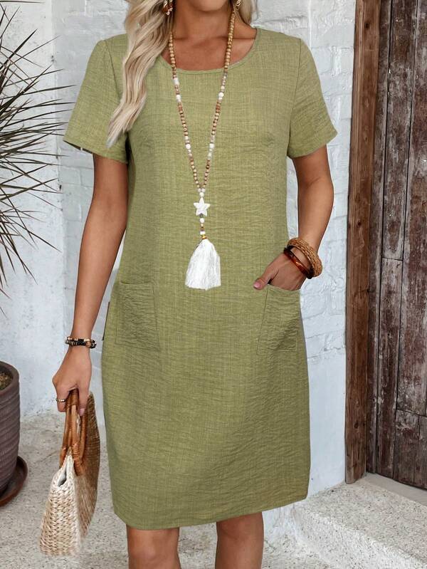 EMERY ROSE Women's Casual Linen Blend Round Neck Pocket Mini Dress, Suitable For Spring/Summer
